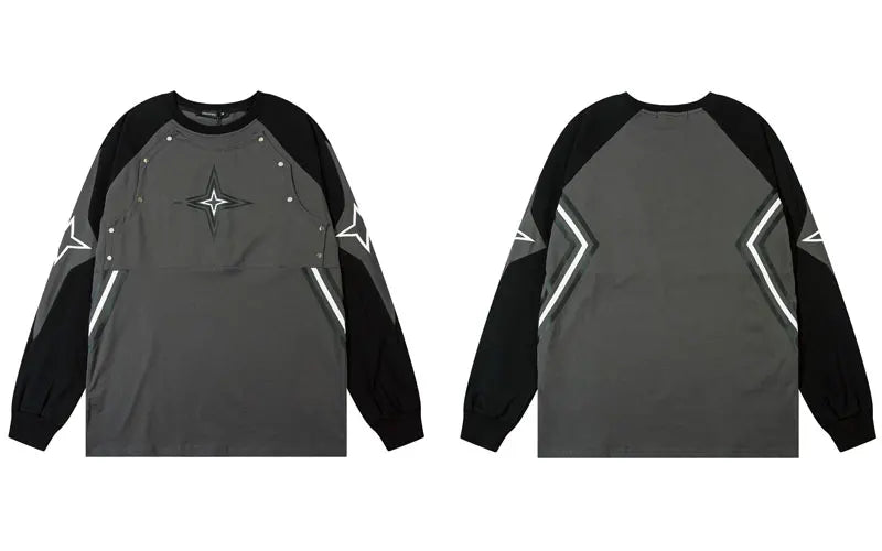 Men Sports Oversize T-Shirts Y2K Streetwear Hip Hop Star Print Patchwork Long Sleeve Cotton Tshirt Harajuku Loose Cotton Tops