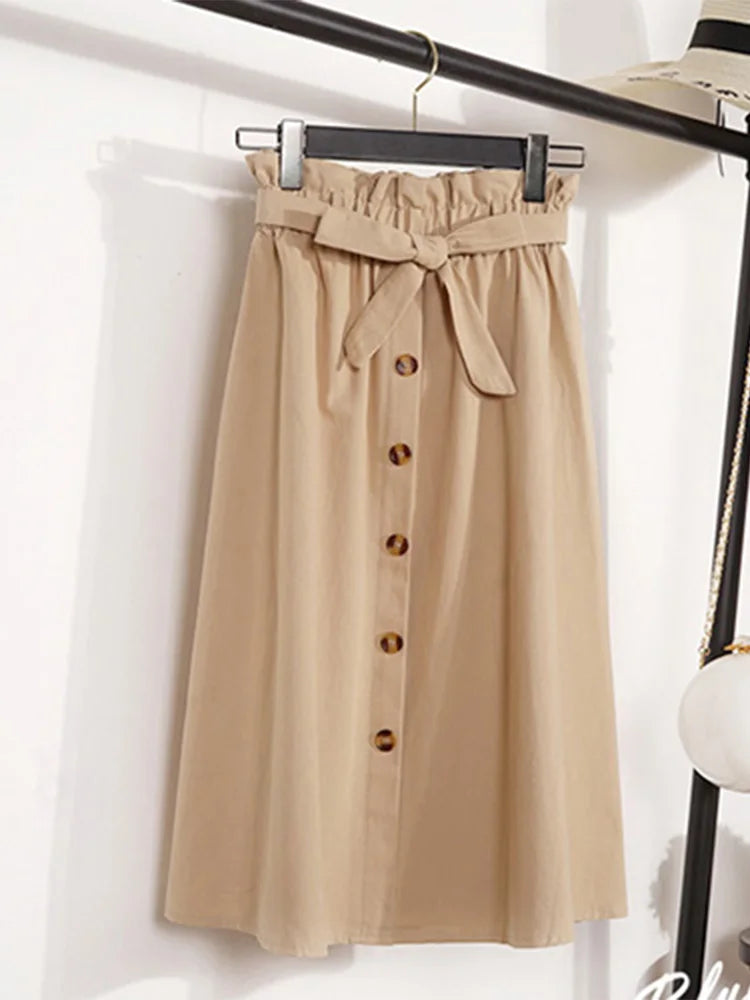 Summer Autumn Skirts Womens 2024 Midi Knee Length Korean Elegant Button High Waist Skirt Female Pleated School Skirt