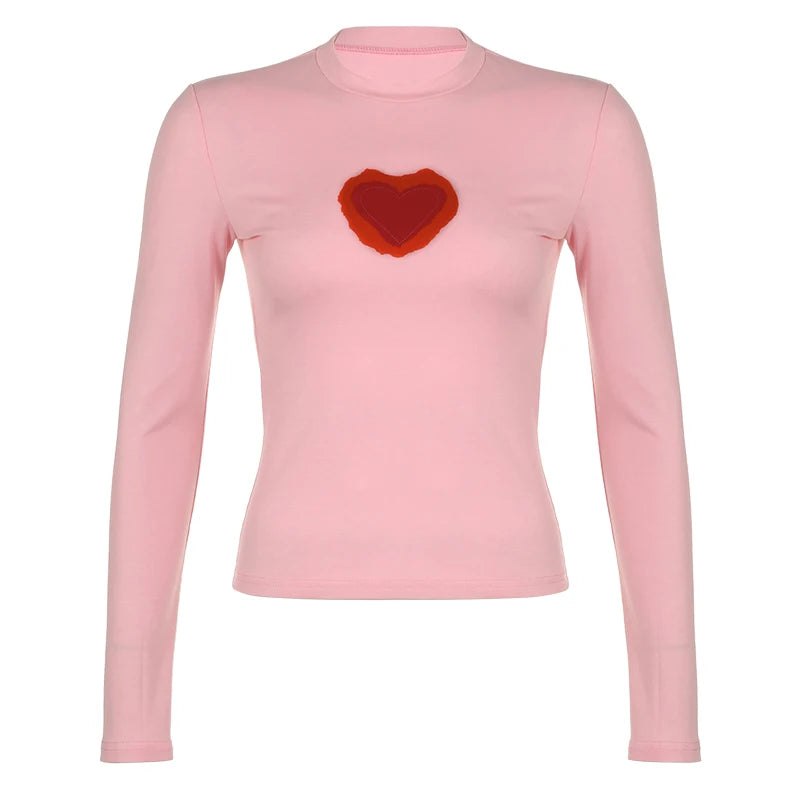 Sweet Pink Fitness Autumn Tee Women Long Sleeve Heart Print Basic T-shirts Coquette Clothes Korean Sweats Top Outfits