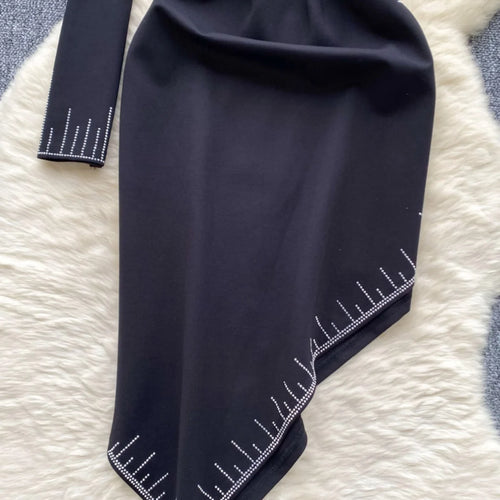 Load image into Gallery viewer, Korean Autumn Black Elegant Diagonal Collar Irregular Midi Dress Women Off Shoulder Long Sleeves Festival Sundress Fashion Trend
