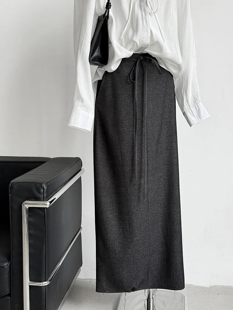 High Elastic Waist Gray Drawstring Back Slit Elegant Half-body Skirt Women Fashion Tide New Spring Autumn 2025 1DJ1372