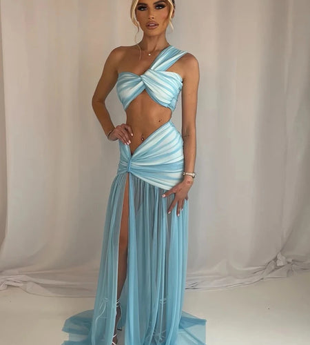 Summer Sexy Skirt Two Piece Sets Women One Shoulder Crop Top And Maxi Skirt Female Elegant Beach Club Party 2 Piece Set