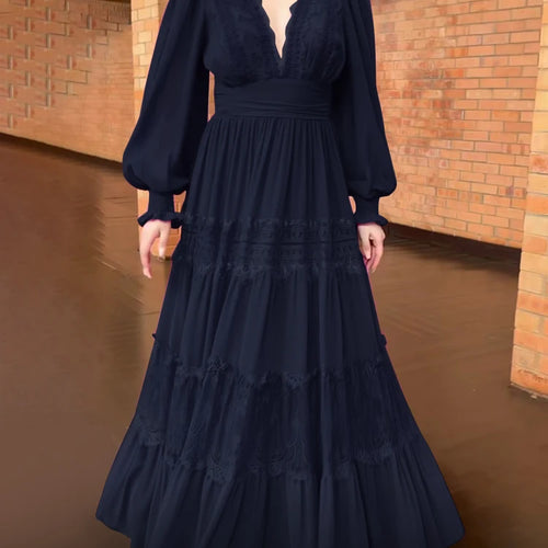 Load image into Gallery viewer, Spliced Lace Embroidery Elegant Dresses For Women V Neck Lantern Sleeve High Waist Solid Loose Dress Female Fashion Style
