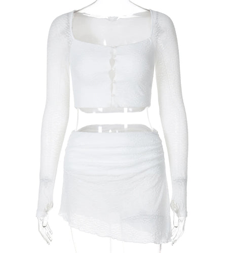 Women Elegant 2 Pcs Sets White Square Collar Long Sleeve Buttons Sexy Crop Top Skirts Y2K Outfits Birthday Festival