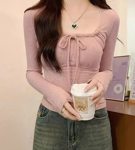 y2k Tops Women Clothes Solid Color Drawstring Chest Long Sleeve Ribbed T Shirts 2000s Aesthetic Clothing Streetwear