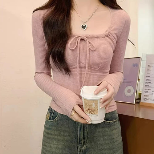 Load image into Gallery viewer, y2k Tops Women Clothes Solid Color Drawstring Chest Long Sleeve Ribbed T Shirts 2000s Aesthetic Clothing Streetwear
