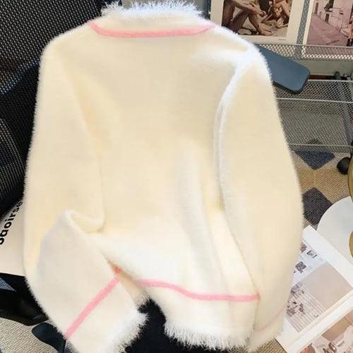 Load image into Gallery viewer, Autumn Winter Pink Blue Patchwork Elegant Button Knit Cardigan Tops Women Korean Fashion V-neck High Street Long Sleeve Sweater
