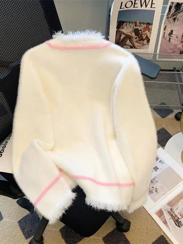 Autumn Winter Pink Blue Patchwork Elegant Button Knit Cardigan Tops Women Korean Fashion V-neck High Street Long Sleeve Sweater