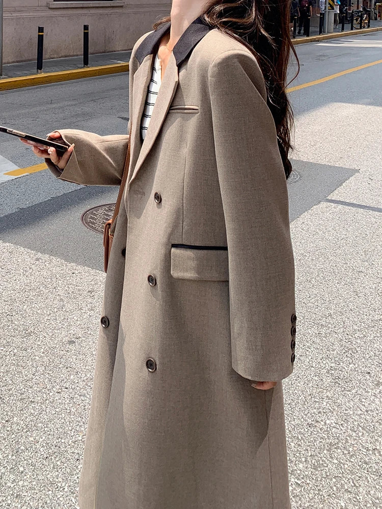 Women Khaki Double Breasted Big Size Long Blazer New Lapel Long Sleeve Jacket Fashion Tide Spring Autumn 2025 1DH9719