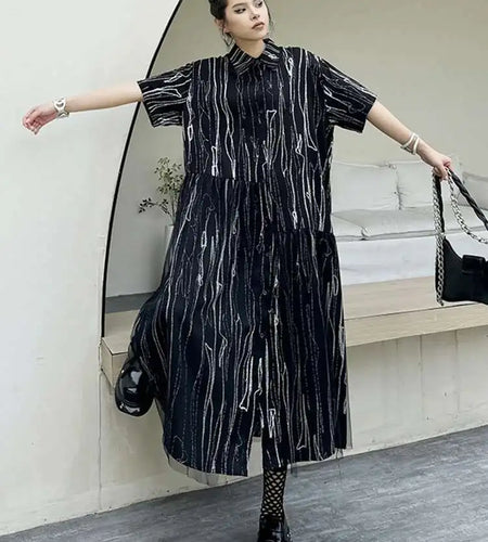 Women Black White Tie Dye Mesh Big Size Midi Shirt Dress New Lapel Short Sleeve Fashion Tide Spring Summer 2025 1DH5962