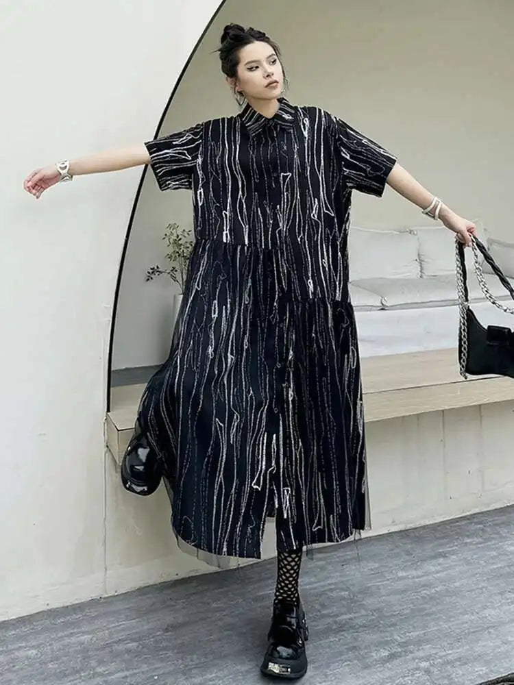 Women Black White Tie Dye Mesh Big Size Midi Shirt Dress New Lapel Short Sleeve Fashion Tide Spring Summer 2025 1DH5962