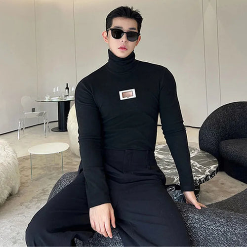 Load image into Gallery viewer, Simple Slim Men&#39;s Long Sleeve T-shirts Autumn Tight Metal Hollow Out Brushed High Collar Pullover Top Tide 9C3122
