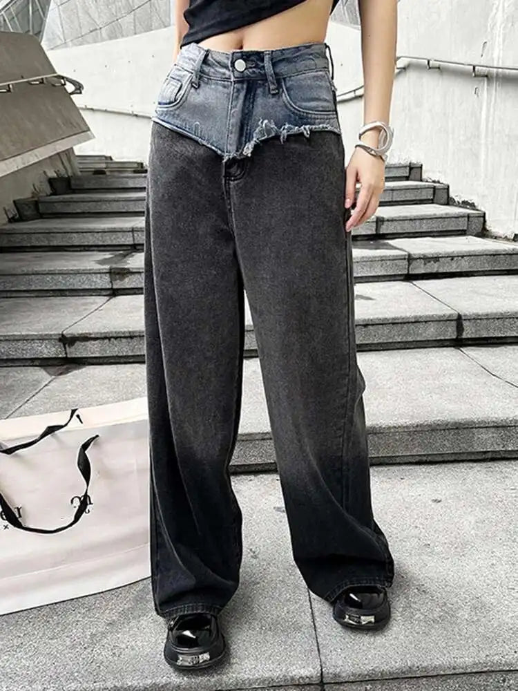 High Waist Blue Gradual Color Denim Burr Long Wide Leg Jeans New Women Trousers Fashion Tide Spring Autumn 2025 1DH5146