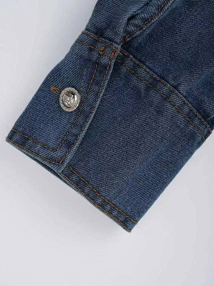 Women Blue Striped Pleated Denim Big Size Blouse New Lapel Long Sleeve Shirt Fashion Tide Spring Autumn 2025 CP3262