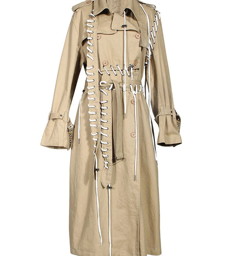 Women Khaki Bandage Big Size Long Elegant Trench New Lapel Long Sleeve Windbreaker Fashion Tide Spring Autumn 2025 7AB4739