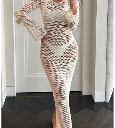 Hollow Out See Through Backless Crochet Knitted Tunic Beach Cover Up Cover-ups Beach Dress Beach Wear Beachwear Female V5993