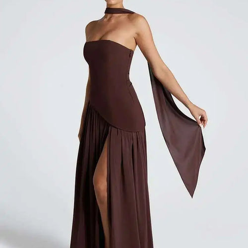 Load image into Gallery viewer, Strapless Off-shoulder Sexy Maxi Dress For Women Gown Patchwork Scarf Collar Thigh High Split Club Party Long Dress
