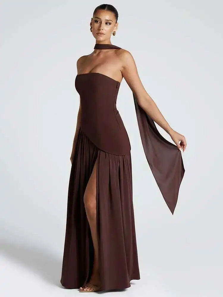 Strapless Off-shoulder Sexy Maxi Dress For Women Gown Patchwork Scarf Collar Thigh High Split Club Party Long Dress