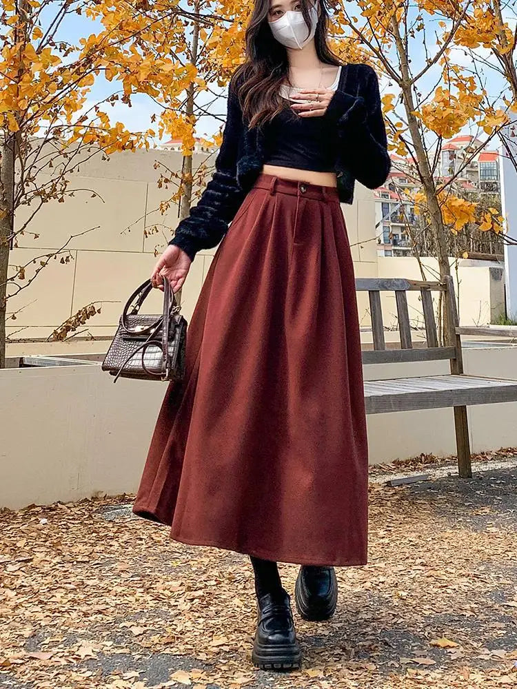 Vintage Black Red Elegant High Waist Woolen Long Skirt Women 2024 Autumn Winter Grey Vacation Party A Line Pleated Skirt Popular