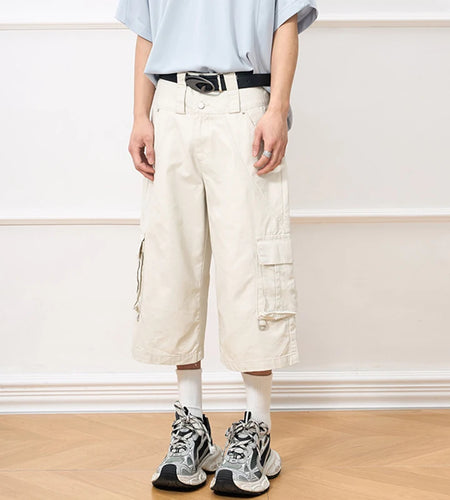 Men's Cargo Shorts American Style High Street Multi Pockets Design Niche Solid Color Straight Leg Male Bottoms 9W2033