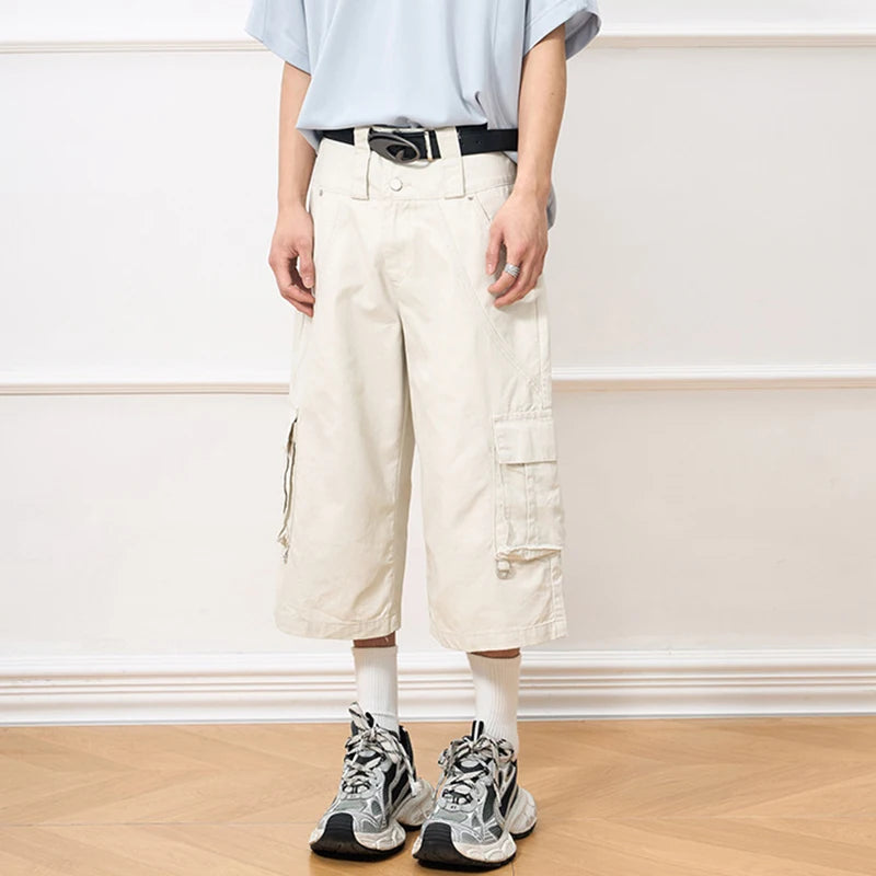 Men's Cargo Shorts American Style High Street Multi Pockets Design Niche Solid Color Straight Leg Male Bottoms 9W2033