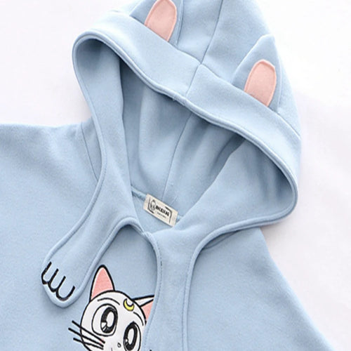 Load image into Gallery viewer, Women&#39;s Hoodies Sweatshirt With Ears On Hood Cat Embroidery Cute Harajuku Fleece Hoodie Hooded Clothes Pullovers
