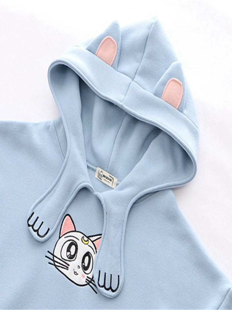 Women's Hoodies Sweatshirt With Ears On Hood Cat Embroidery Cute Harajuku Fleece Hoodie Hooded Clothes Pullovers