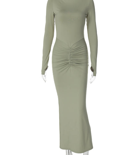 Fall Elegant Solid Long Sleeve Draped Sexy Bodycon Maxi Prom Dress Women Y2K New Clothes Evening Party Festival