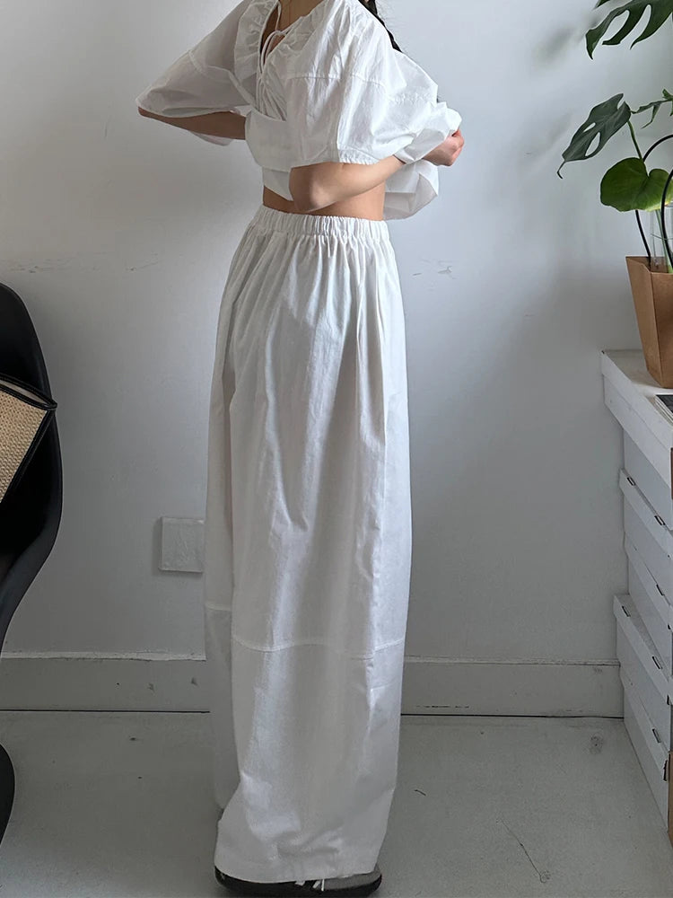 High Elastic Waist White Brief Pocket Wide Leg Casual Pants New Trousers Women Fashion Tide Spring Autumn 2025 1DJ1590