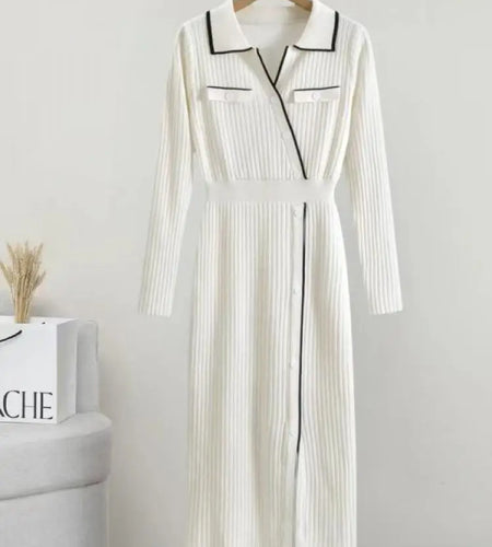 Korean Fashion 2024 Autumn Winter New Office Ladies Patchwork Elegant Long Sleeve Knitted Dress Women Slim Button Dresses Trendy
