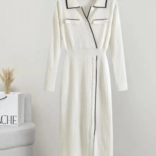 Load image into Gallery viewer, Korean Fashion 2024 Autumn Winter New Office Ladies Patchwork Elegant Long Sleeve Knitted Dress Women Slim Button Dresses Trendy

