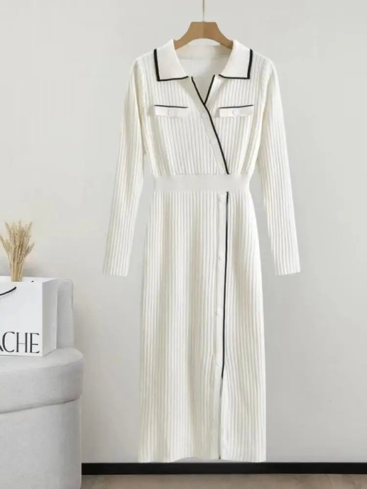 Korean Fashion 2024 Autumn Winter New Office Ladies Patchwork Elegant Long Sleeve Knitted Dress Women Slim Button Dresses Trendy