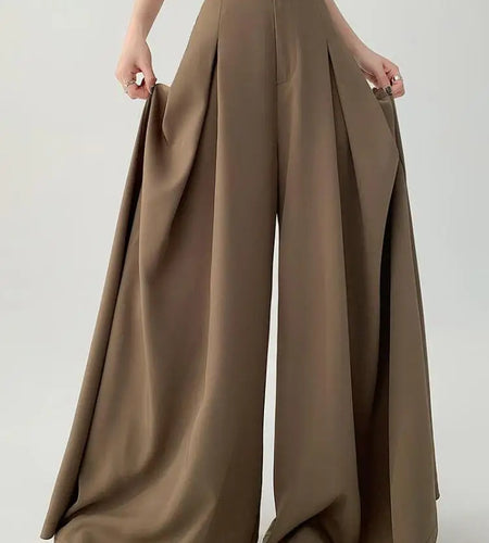 Women Black Elegant Wide Leg Long Pant Summer Brown High Waist Baggy Pleated Trousers Gray Pockets Fashion Simplicity Fashion