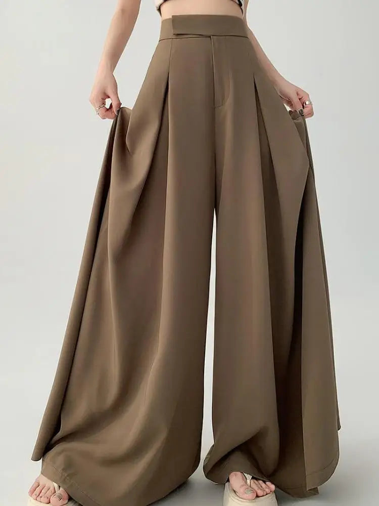 Women Black Elegant Wide Leg Long Pant Summer Brown High Waist Baggy Pleated Trousers Gray Pockets Fashion Simplicity Fashion