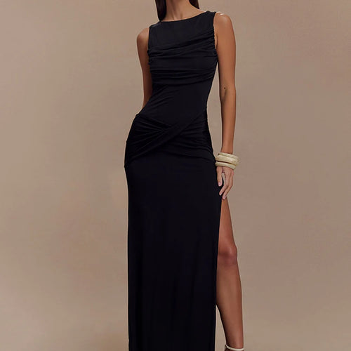 Load image into Gallery viewer, Backless Ruched Sexy Maxi Tank Dress Women Gown Summer New O Neck Thigh High Split Bodycon Elegant Long Dress Fashion
