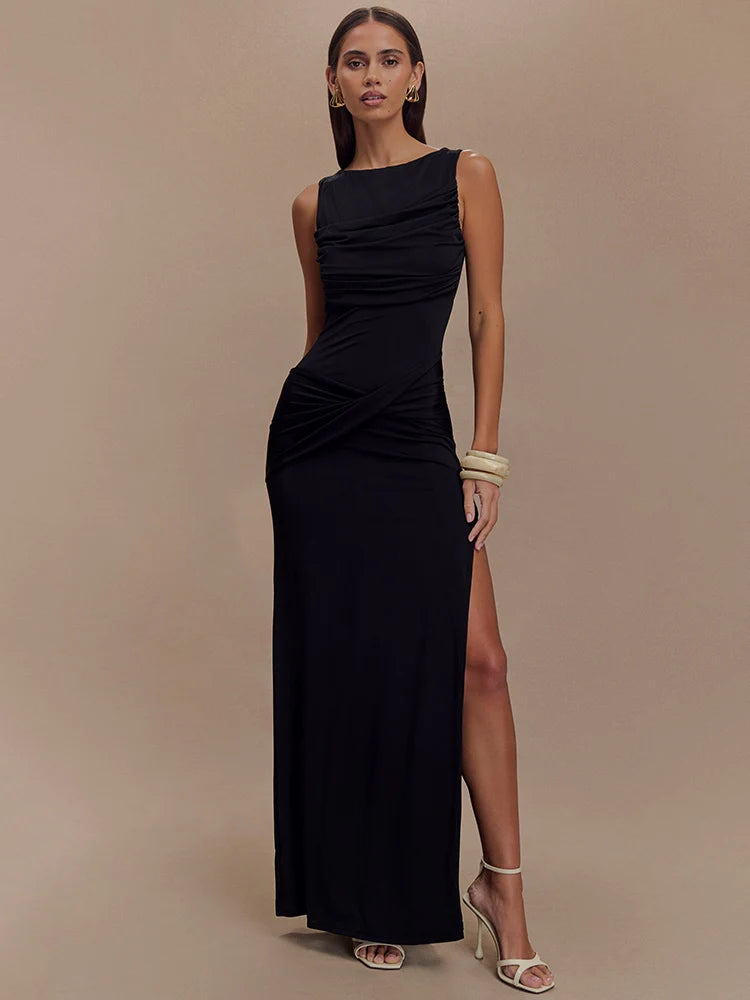 Backless Ruched Sexy Maxi Tank Dress Women Gown Summer New O Neck Thigh High Split Bodycon Elegant Long Dress Fashion