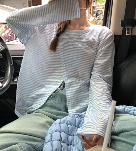 y2k Clothes Tops Women Aesthetic Clothes Striped Round Neck Long Sleeve Split Hem T Shirts Fall Clothing Streetwear