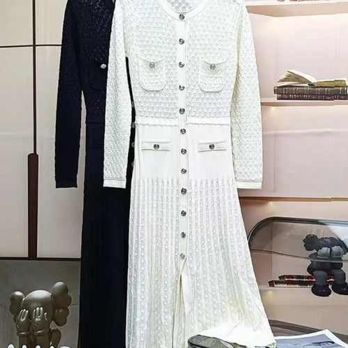 Load image into Gallery viewer, Autumn Winter Black White Single Breasted Casual Sweater Dress Green Elegant Office Women's Temperament Long Sleeve Knit Dresses
