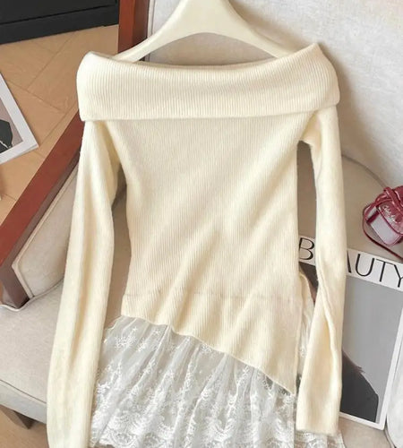 French Autumn Winter Patchwork Lace Elegant Pullover Short Sweater Women's Vintage 2024 New Office Lady Long Sleeved Knitted Top