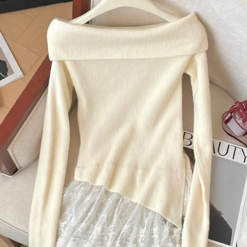 Load image into Gallery viewer, French Autumn Winter Patchwork Lace Elegant Pullover Short Sweater Women's Vintage 2024 New Office Lady Long Sleeved Knitted Top
