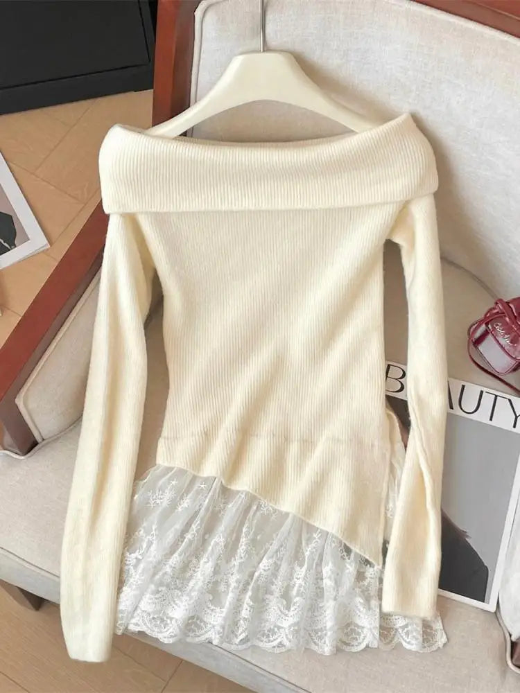 French Autumn Winter Patchwork Lace Elegant Pullover Short Sweater Women's Vintage 2024 New Office Lady Long Sleeved Knitted Top