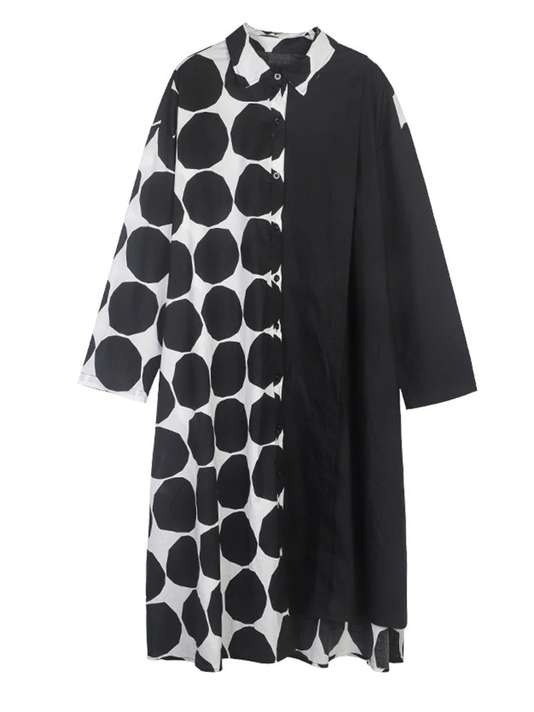 Women Black Dot Printed Big Size Knee-length Shirt Dress New Lapel Long Sleeve Fashion Tide Spring Autumn 2025 1DJ1505