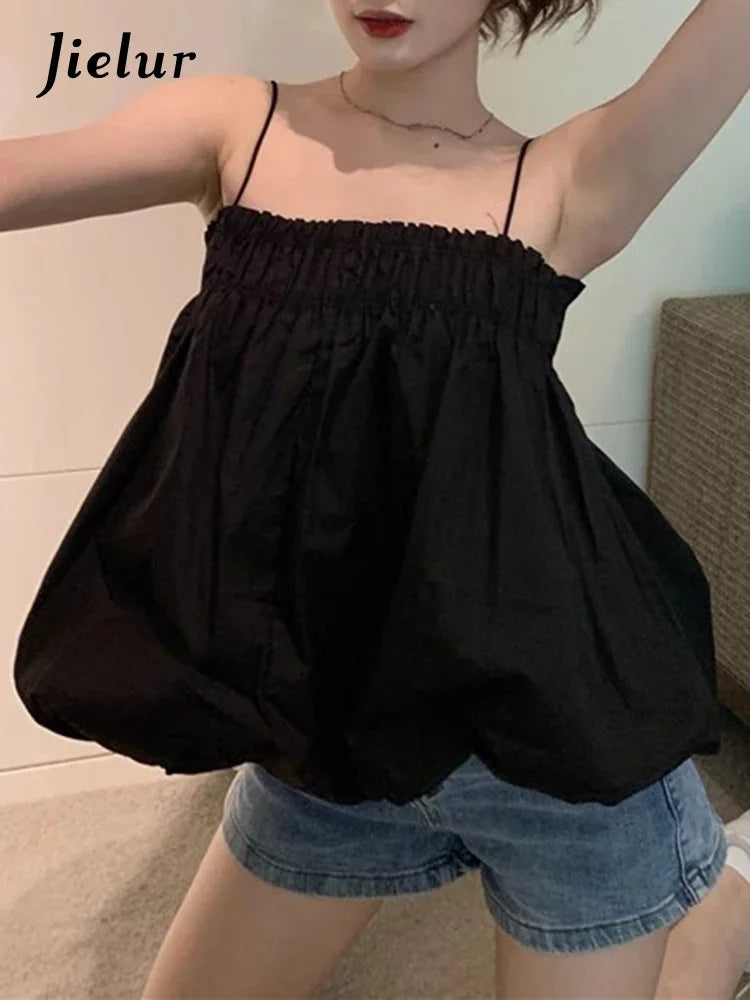 Pleated Loose Sexy Summer Female Camis Solid Color Slash Neck Women's Tanks Blue White Black Casual Fashion Women Camis