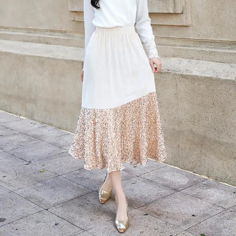 Autumn Winter Vintage Patchwork Sequin Wrap Hip Long Velvet Skirts Women's 2024 Elegant High Waist Pleated Fishtail Skirt French