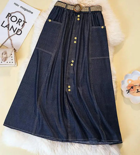 Spring Summer Vintage Blue Single Breasted Party Pleated Denim Midi Skirt Women Elastic High Waist Large Size Pockets Jean Skirt