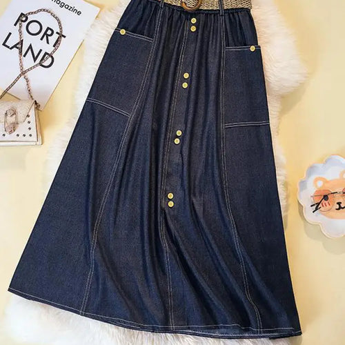 Load image into Gallery viewer, Spring Summer Vintage Blue Single Breasted Party Pleated Denim Midi Skirt Women Elastic High Waist Large Size Pockets Jean Skirt
