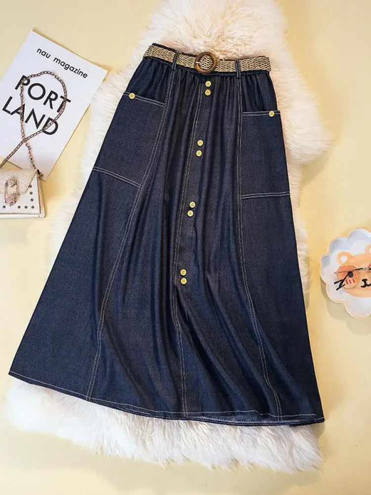 Spring Summer Vintage Blue Single Breasted Party Pleated Denim Midi Skirt Women Elastic High Waist Large Size Pockets Jean Skirt