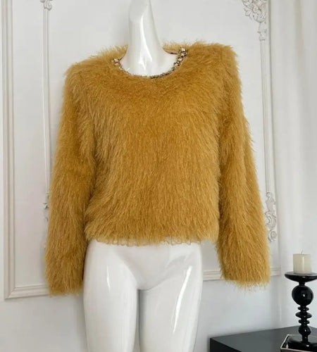 Autumn Winter Women's Yellow Diamond Round Neck Short Mink Sweater 2024 Korean New Elegant Vacation Warm Versatile Tops Casual