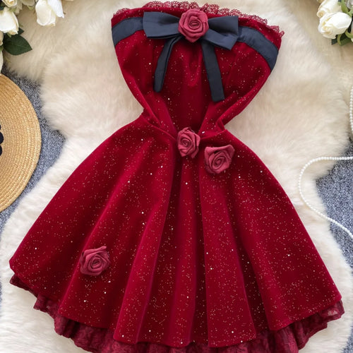 Load image into Gallery viewer, French Women Black Patchwork Bow Backless Birthday Party Strapless Short Dress Summer Red Velvet Flower Decorate Pleated Dresses
