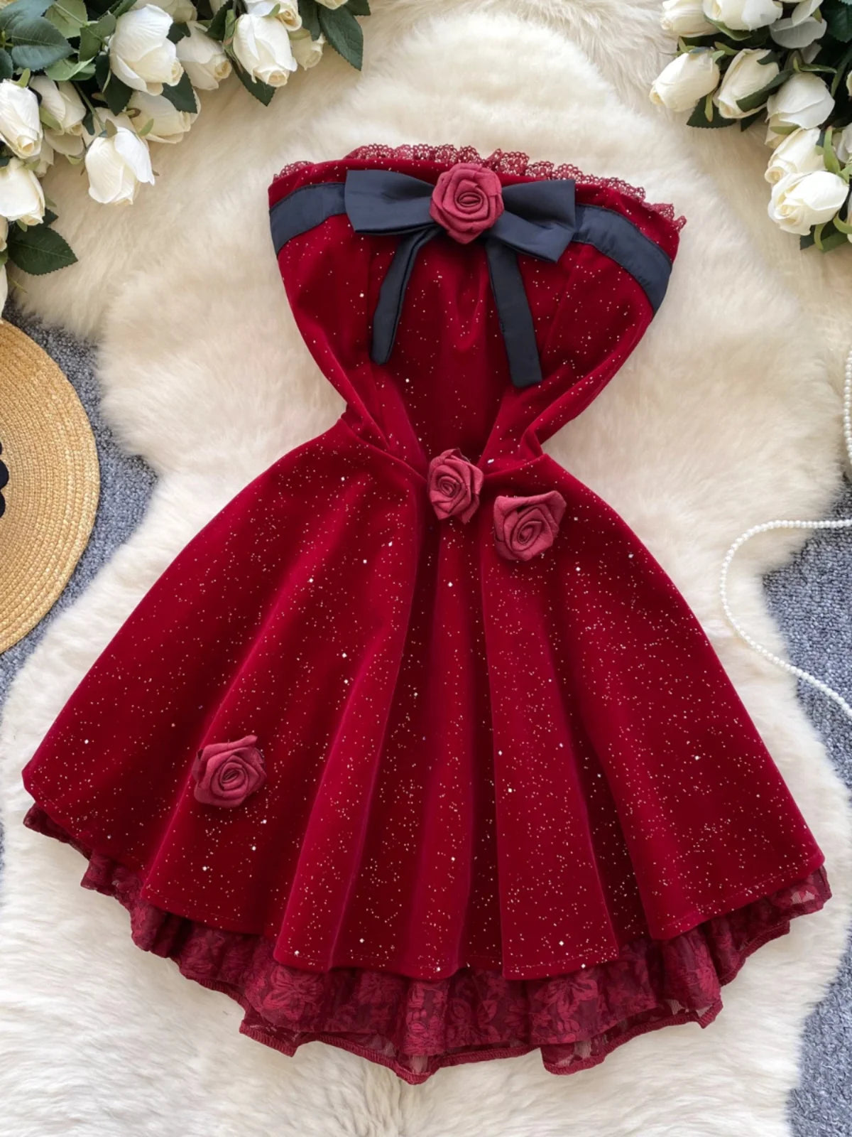 French Women Black Patchwork Bow Backless Birthday Party Strapless Short Dress Summer Red Velvet Flower Decorate Pleated Dresses